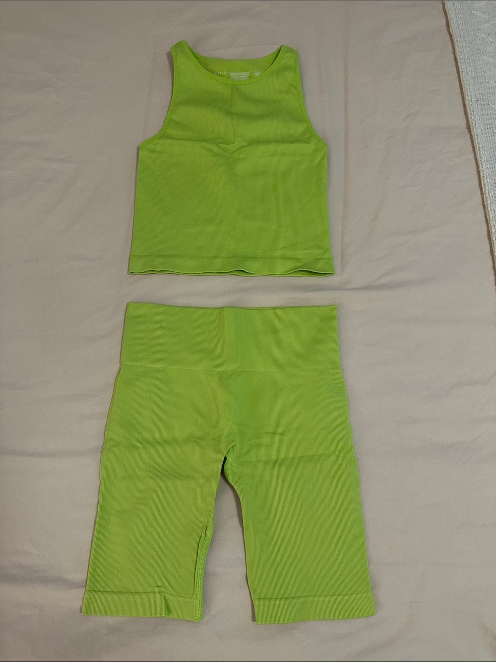 Primark Neon Green Ribbed Cropped Tank and Biker Shorts Set